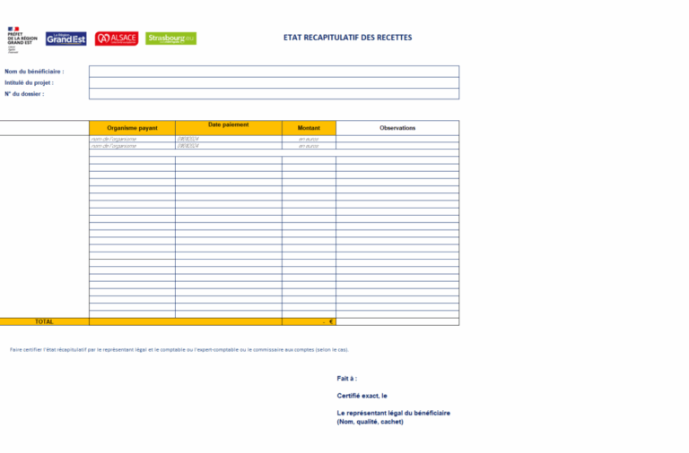 Tableau état récapitulatif recettes